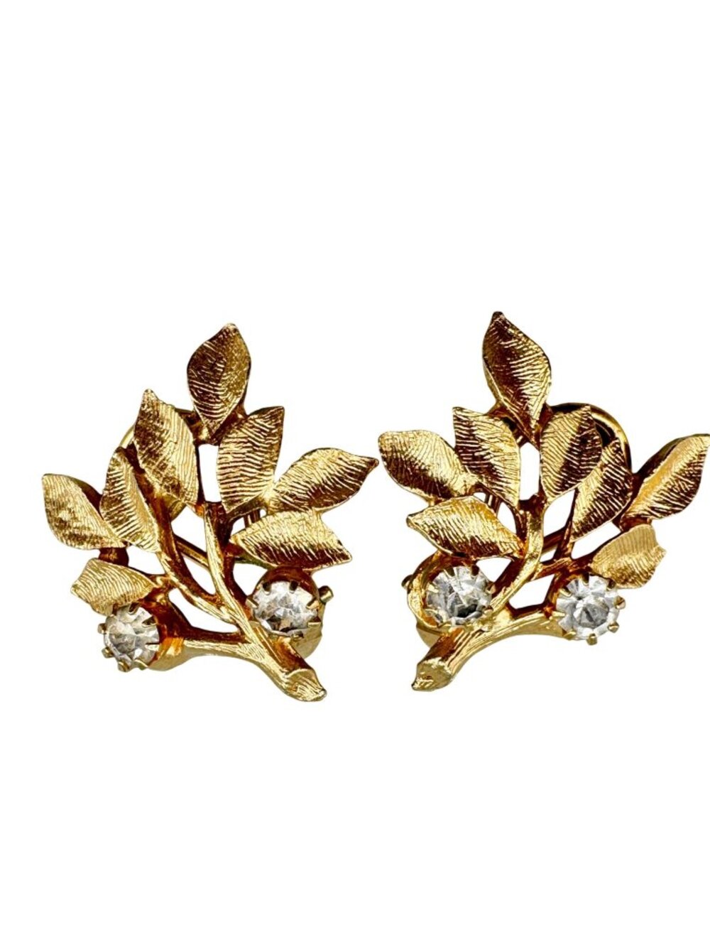Vintage Goldette Earrings Branch Leaf Prong Set Rhinestones Mid-Century Retro